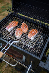 grilled salmon steaks are coking on the firewood, in the backyard. High-quality photo