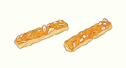 Long rectangular Almond Mille Feuille puff pastry in vector flat illustration