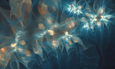 Abstract fractal art background which perhaps suggests flowers or bioluminescent jellyfish or crumpled translucent fabric. - obrazy, fototapety, plakaty