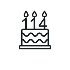 Birthday cake line icon with candle number 114 (one hundred and fourteen). Vector.
