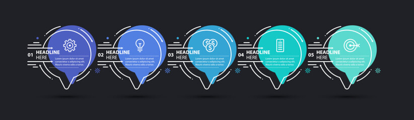 Timeline infographic template with 5 steps, options, pinpointers in trendy linear style. Vector banner for brochure or web design, promotion, presentation, business infographics, annual report.
