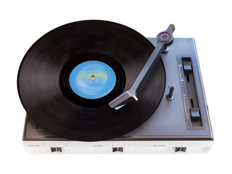 Vintage turntable with spinning record isolated on a white background