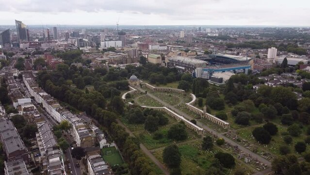 Drone view of Brompton Cemetery surrounded by urban areas in London.
