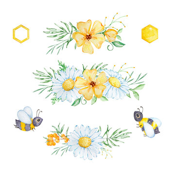 Watercolor set, bees and bouquets of chamomile