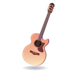 Obraz premium Jumbo guitar in light brown color. Acoustics. Musical instrument in cartoon style. Stage entertainment equipment for musicians. Colorful vector art isolated on white background.