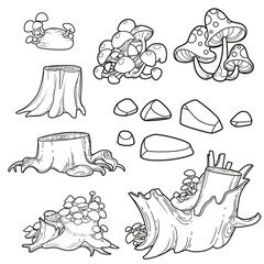 Set for decoration hemp, mushrooms, stones, moss outlined for coloring page isolated on white background