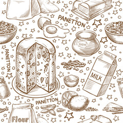 Christmas baking vector seamless. Ingredients. Panetton. Italy