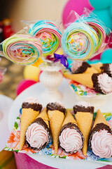 candy bar. desserts in a waffle cone and marshmallows on a stick. 