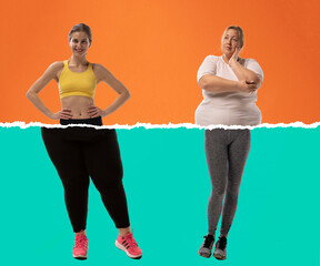 Fototapeta na wymiar Creative artcollage with young slim girl and plus-size woman wearing sport uniform isolated on green orange background. Weight loss concept.