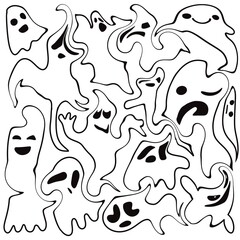 Set of Halloween ghosts. Ghosts with a scary face. doodle illustration