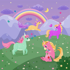 Obraz na płótnie Canvas Set of funny small unicorns. Cute fairy creatures, ponies or horses run around field and pick flowers. Poster with rainbow, butterflies. Design for children wallpaper. Cartoon flat vector illustration