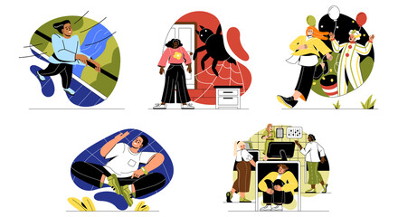 Set of People with phobias. Men and women with fears and psychological problems. Characters afraid of spiders, heights, or responsibility. Cartoon flat vector collection isolated on white background