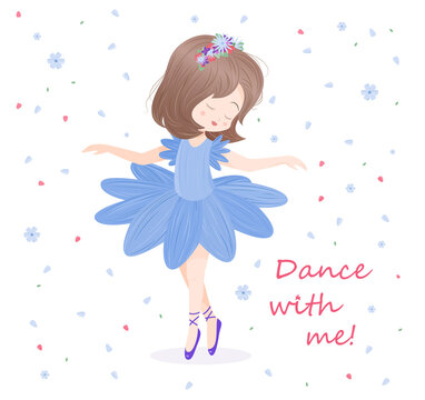 Cute little ballerina. Colorful poster with girl dancing in blue dress or tutu and pointe shoes. Design element for printing on paper, fabric or children clothing. Cartoon flat vector illustration