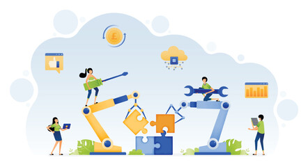 Obraz na płótnie Canvas Illustration of people make artificial intelligence tech with machine learning to control robot in puzzle problem solving. Design can be for landing page website poster banner flyer mobile app web ads