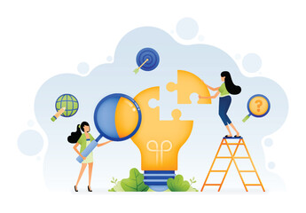 Illustration of people solving puzzles from ideas and brainstorming for enlightenment. Search and find solutions. Design can be for landing page website poster banner mobile apps web social media ads