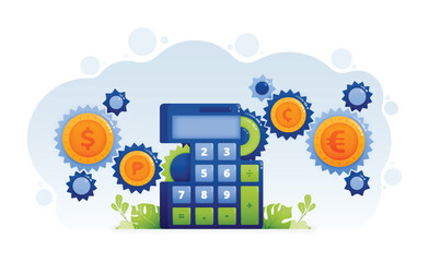 Design of rotating gears move parts of calculator metaphor of financial and accounting mechanisms in company reports. Illustration can be for landing page website web poster banner mobile apps flyer