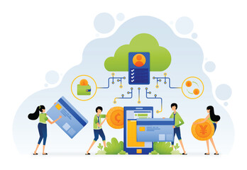 Fototapeta na wymiar Vector design of people carry financial activities like transaction with apps to processed in cloud database. Illustration can be for landing page website web poster banner mobile apps social media ad