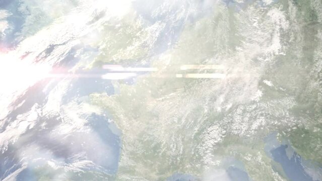 Flight from Paris Airport to Montreal with zoom from space and focus. 3D animation. Background for travel intro by plane. Images from NASA