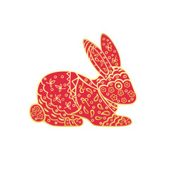 2023 Festive rabbit is a symbol of the New Year according to the Eastern Asian calendar. Gold vector hand drawn doodle style isolated on white background.