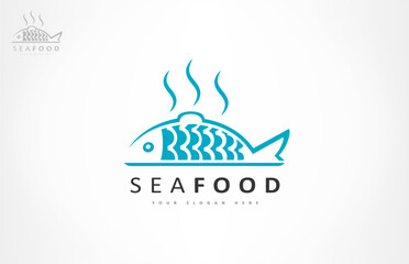 Seafood logo vector. Fresh cooked fish on a tray vector.