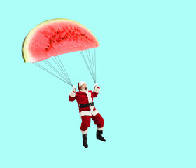 Contemporary art collage. Creative design. Cheerful senior man in image of Santa Claus flying on watermelon like paraglider