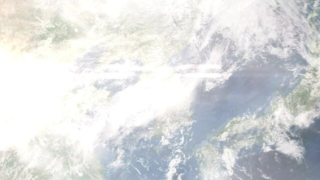 Flight from Seoul Airport to Kansai with zoom from space and focus. 3D animation. Background for travel intro by plane. Images from NASA