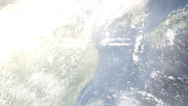 Flight from Shanghai Airport to Shenzhen with zoom from space and focus. 3D animation. Background for travel intro by plane. Images from NASA