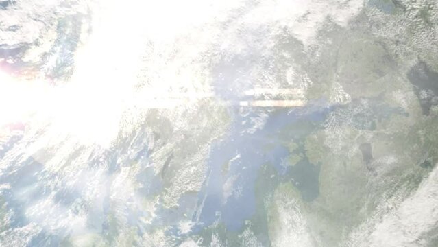 Flight from Stockholm Airport to Copenhagen with zoom from space and focus. 3D animation. Background for travel intro by plane. Images from NASA