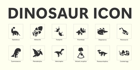 The Dinosaur icons set. Vector illustration isolated on background. Dinosaurs minimalistic icons. Collection of ancient icons.