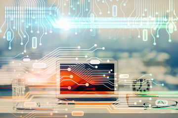 Multi exposure of table with computer on background and data theme drawing. Concept of innovation.