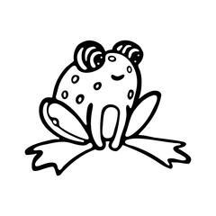 Cute Frog Cartoon outline doodle Vector Illustration. Toad in engraving style. Coloring page for kids.