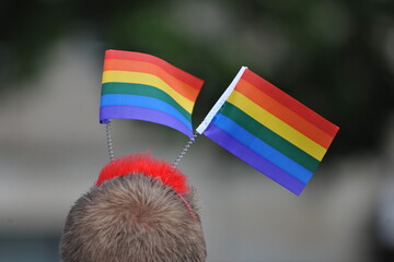 Two LGBTQ-Faggs on the head of a young man in front of a blurred background.