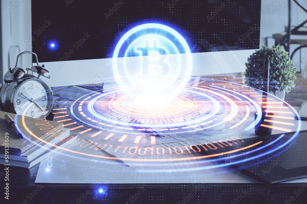Aufkleber Multi exposure of blockchain and crypto economy theme hologram and table with computer background. Concept of bitcoin cryptocurrency.