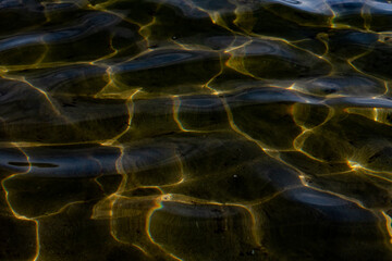 Texture of the water surface. Reflection of light in water, Dark background, Golden lines