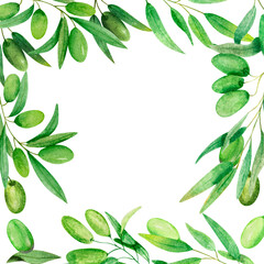Set wreath, frame branch olives on white background hand drawn illustration.
