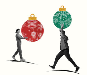 Contemporary art collage. Creative design. Young girl and man carrying Christmas tree decorations....