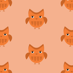 Cute colourful owl faces seamless pattern for childish design of wrapping paper, fabric, textile, baby card, poster, invitation, graphic, print. Flat cartoon doodle vector illustration