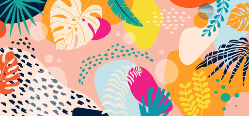 Design banner frame background .Colorful poster background vector illustration.Exotic plants, branches,art print for beauty, fashion and natural products,wellness, wedding and event.