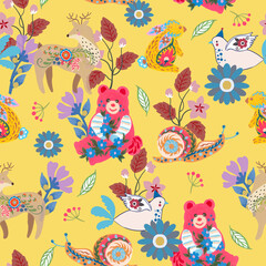 Seamless pattern with cute animals childish botanical garden wild field flower Suitable for design kid textile, wrapping paper, background