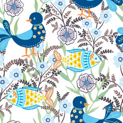 Seamless pattern with cute animals childish botanical garden wild field flower Suitable for design kid textile, wrapping paper, background