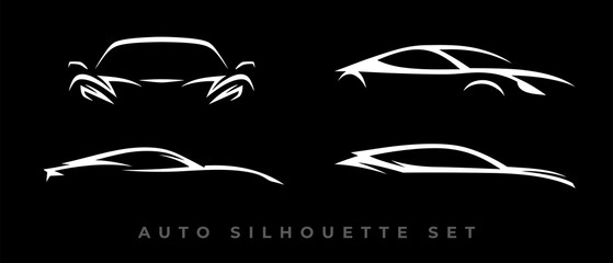 Sports car logo icon set. Motor vehicle dealership emblems. Auto silhouette garage symbols. Vector illustration. - obrazy, fototapety, plakaty