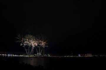 Fireworks in the night sky over the river.