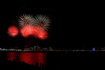 Fireworks in the night sky over the river.