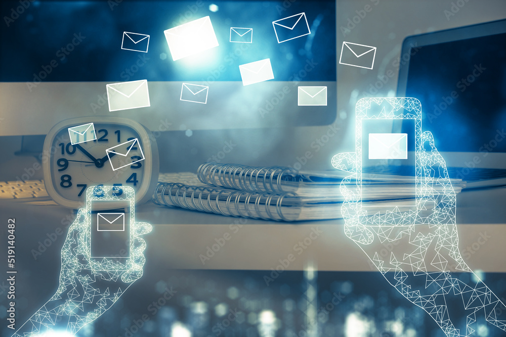 Poster Desktop computer background in office and flying envelops hologram drawing. Multi exposure. Electronic mail concept.