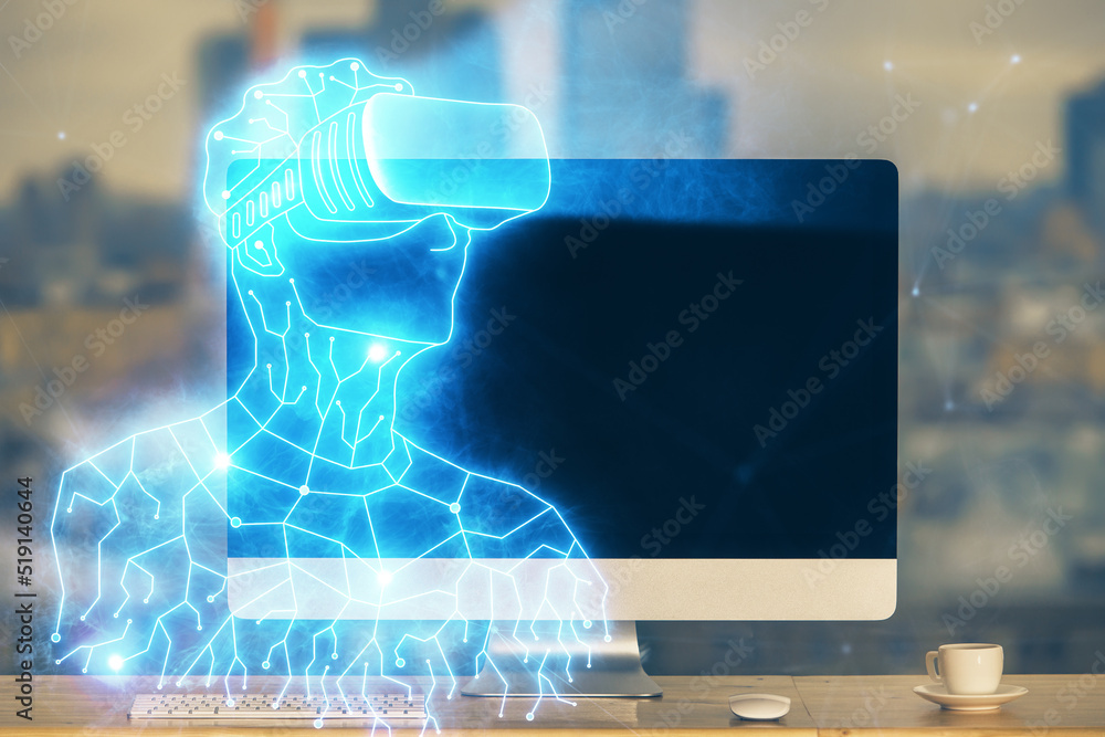 Aufkleber computer on desktop with ar theme icon. multi exposure. concept of augmented reality.