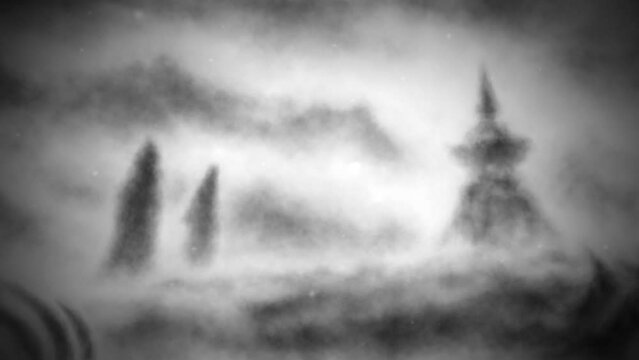 Two monks go to stupa. Spooky 2D animation of gloomy silhouette. Mystical worlds of dreams. Dark fantasy movie. Culture and religion heritage. Music clips and VJ loops. Black and white video art. 