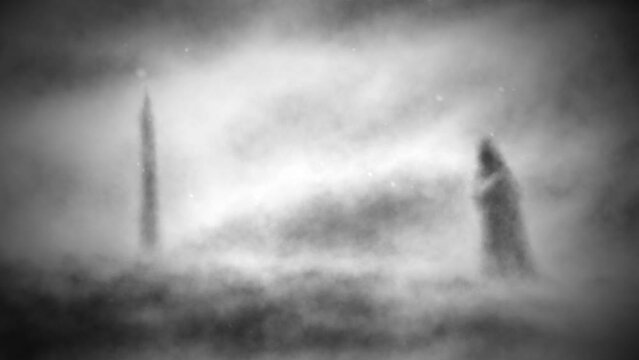 Monk walking past sacred pillar on nature background. Scary 2D animation of gloomy silhouette. Apocalypse world of nightmares. Dark fantasy movie. Horror video for Halloween. Music clips and VJ loops.