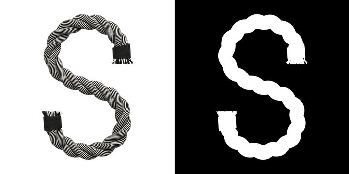 Letter S made of rope woven from white and black threads, isolated on white with clipping mask, 3d rendering
