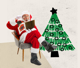 Contemporary art collage. Creative design. Funny senior man in image of Santa Claus reading...