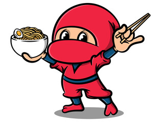 Cartoon illustration of Funny Ninja Warrior holding a bowl of Ramen noodles and chopsticks, get ready to eat, best for mascot, logo, and sticker for Asian Food Restaurant